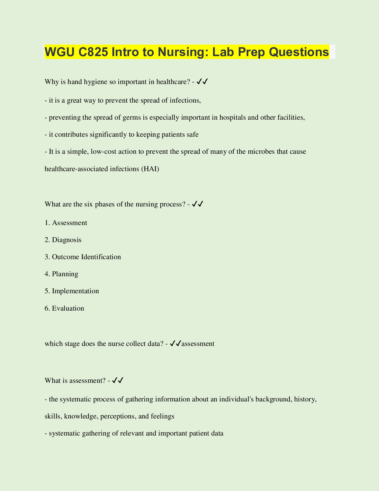 Preview image for WGU C825 Intro to Nursing: Lab Prep Questions  | Questions with 100% Correct Answers | Verified | Latest Update